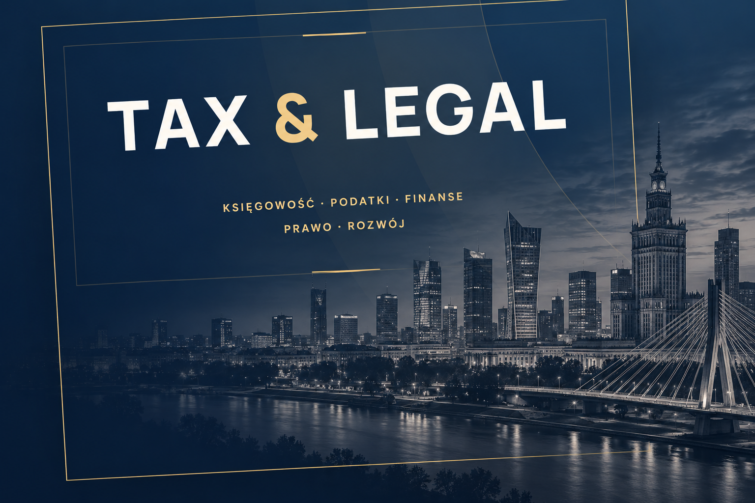 Ekskluzywny baner TAX & LEGAL z panoramą Warszawy w odcieniach granatu i złota